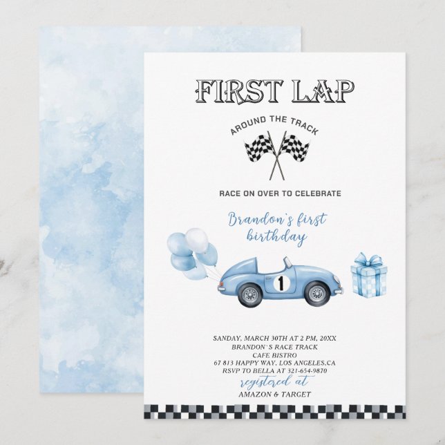 Invitation Elégante aquarelle course voiture première fête d' (Devant / Derrière)