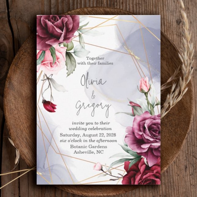 Invitation Elégante aquarelle de Roses Rouges Bourgogne (#Romance #redroses #weddinginvitation #FloralRomance #romanticburgundy #Blush #elegantinvitation)