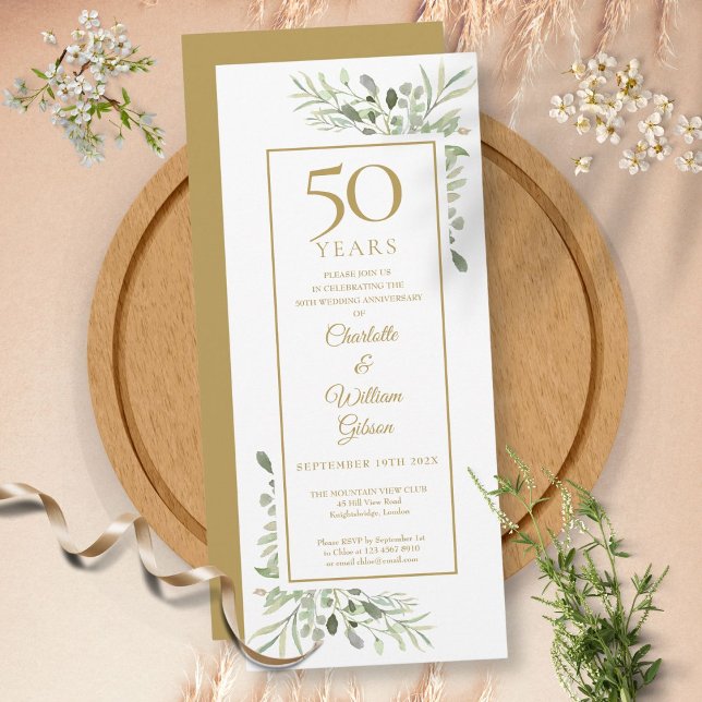 Invitation Élégante aquarelle de verdure pour 50e anniversair (Elegant 50th Gold Anniversary Watercolor Greenery Invitation)