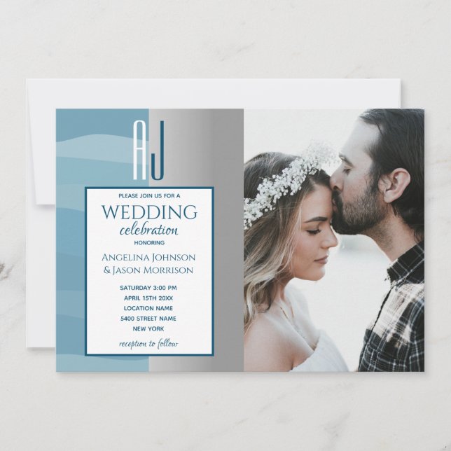 Invitation Elégante aquarelle Dusty Blue Silver Photo Mariage (Devant)