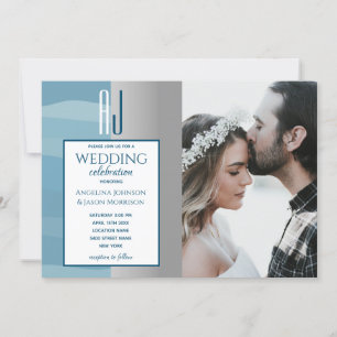 Invitation Elégante aquarelle Dusty Blue Silver Photo Mariage