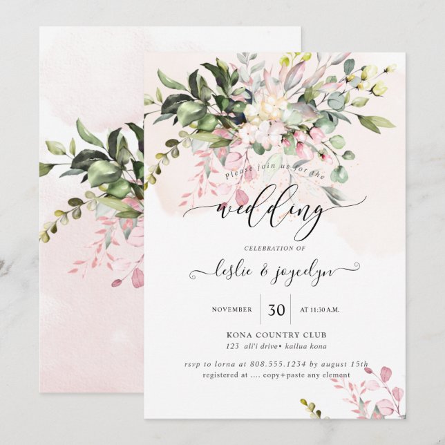 Invitation Elégante aquarelle Dusty Blush Eucalyptus Rose (Devant / Derrière)