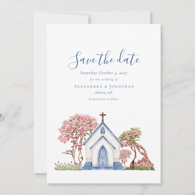 Invitation Elégante aquarelle église mariage Enregistrer la d (Devant)