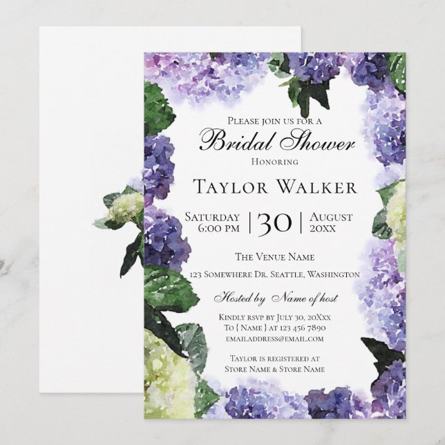 Invitation Elégante aquarelle en violet et lavande (Devant / Derrière)