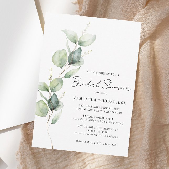 Invitation Elégante aquarelle Eucalyptus Fête des mariées de  (Elegant Watercolor Eucalyptus Script Bridal Shower Invitation)