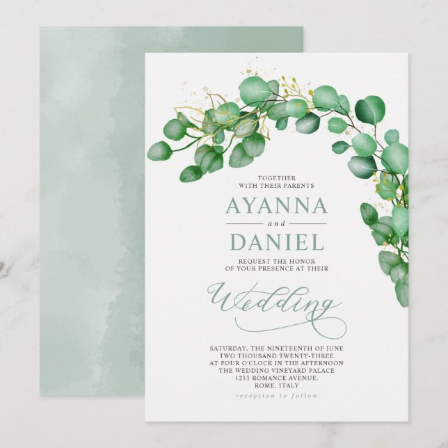 Invitation Elégante aquarelle Eucalyptus Mariage vert (Devant / Derrière)
