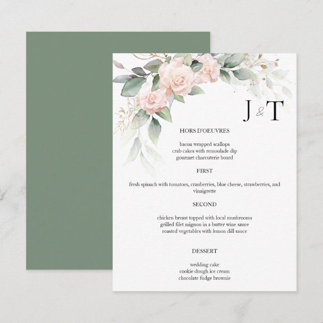 Invitation Elégante aquarelle Eucalyptus Menus Mariages (Devant / Derrière)