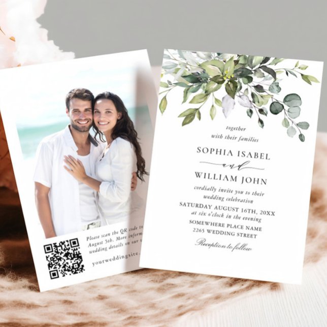 Invitation Elégante aquarelle Eucalyptus Photo QR Mariage (Créateur téléchargé)