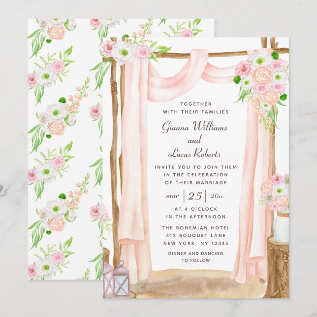 Invitation Elégante aquarelle extérieure rose Mariage floral (Devant / Derrière)