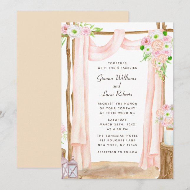 Invitation Elégante aquarelle extérieure rose Mariage floral (Devant / Derrière)