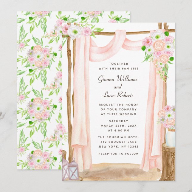 Invitation Elégante aquarelle extérieure rose Mariage floral (Devant / Derrière)