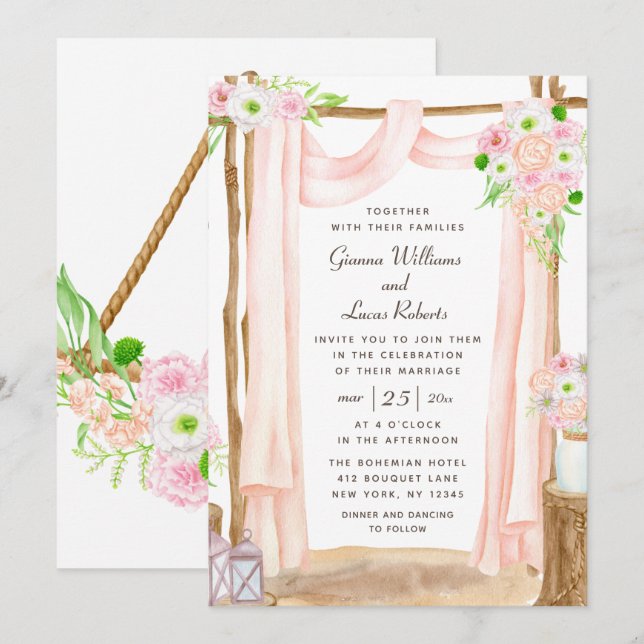 Invitation Elégante aquarelle extérieure rose Mariage floral (Devant / Derrière)