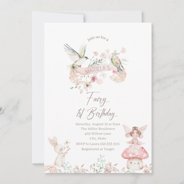 Invitation Elégante aquarelle Fairy Premier anniversaire Baby (Devant)