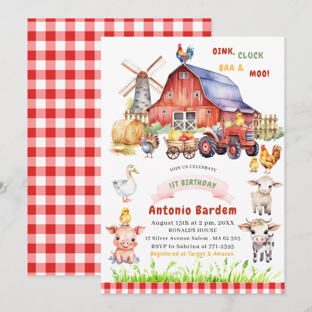 Invitation Élégante aquarelle ferme bébé 1er anniversaire (Devant / Derrière)