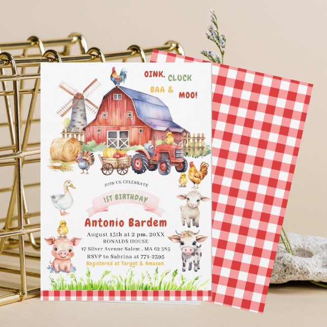 Invitation Élégante aquarelle ferme bébé 1er anniversaire (Créateur téléchargé)