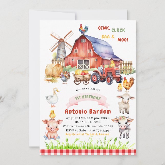 Invitation Elégante aquarelle ferme bébé 3ème anniversaire (Devant)