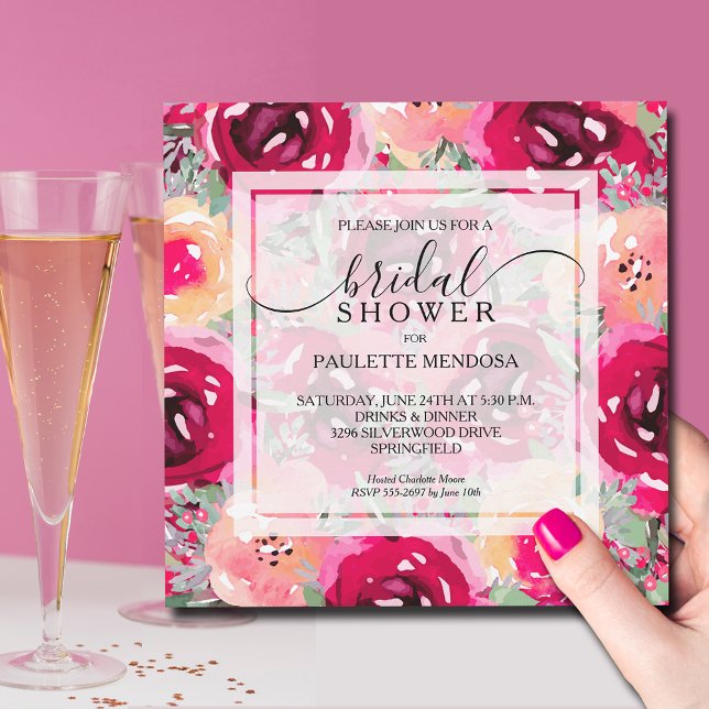 Invitation Elégante aquarelle Fête des mariées florale (Bright pink and cream floral bridal shower 5.25" square invitations - INSTANT DOWNLOAD & PRINTED)