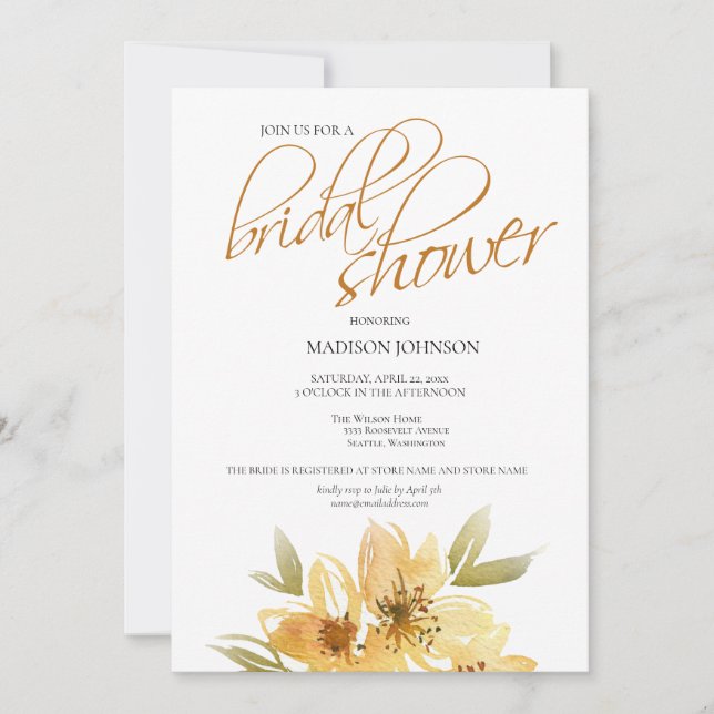 Invitation Elégante aquarelle Fête des mariées florale jaune (Devant)