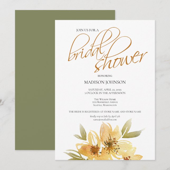 Invitation Elégante aquarelle Fête des mariées Mariage jaune (Devant / Derrière)