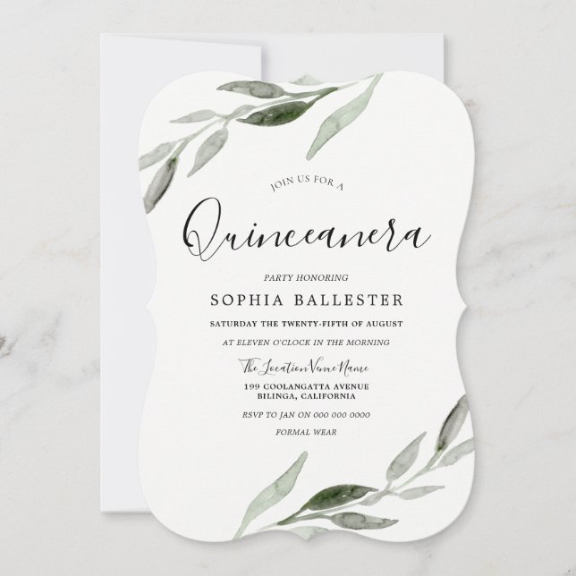 Invitation Elégante aquarelle Feuille verte Quinceanera Party (Devant)