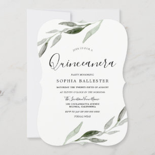 Invitation Elégante aquarelle Feuille verte Quinceanera Party