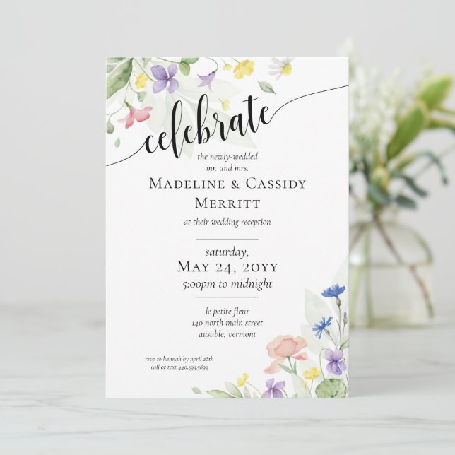 Invitation Elégante aquarelle Fleur sauvage accueil mariage (Debout devant)