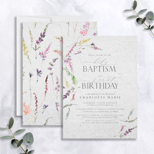 Invitation Elégante aquarelle Fleur sauvage Baptême 1er anniv