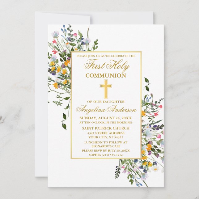 Invitation Elégante aquarelle Fleur sauvage Gold Communion (Devant)