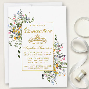 Invitation Elégante aquarelle Fleur sauvage or Quinceanera