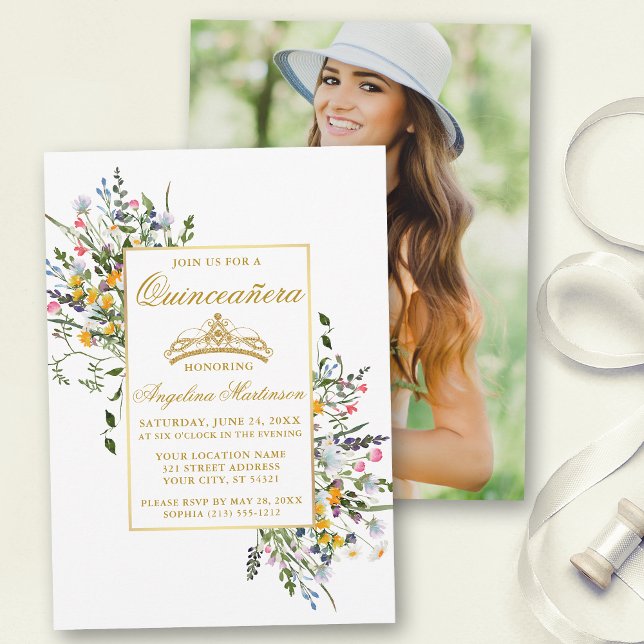 Invitation Elégante aquarelle Fleur sauvage photo Quinceanera (Customize to change text size, color or text style.)