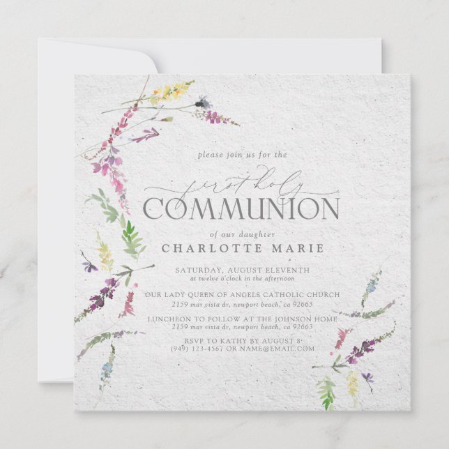 Invitation Elégante aquarelle Fleur sauvage première communio (Devant)