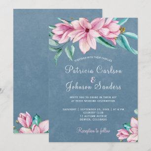 Invitation Elégante aquarelle fleurie bleu poussiéreux mariag