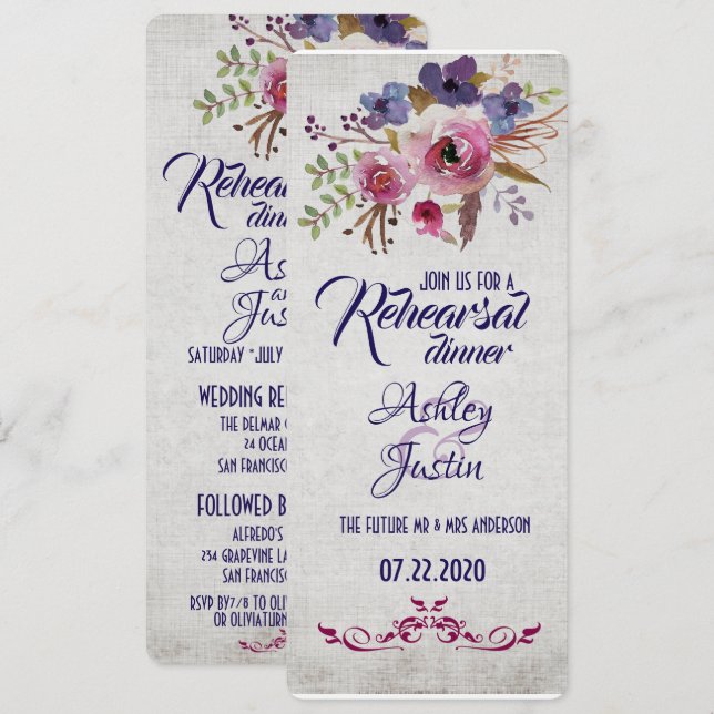 Invitation Elégante aquarelle Fleurs de répétition Dîner Cart (Devant / Derrière)