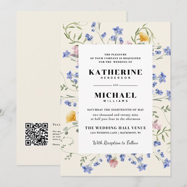 Invitation Elégante aquarelle Fleurs du monde Pré RSVP Mariag (Devant / Derrière)