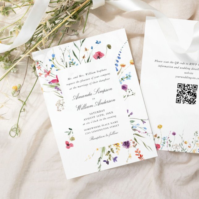 Invitation Elégante aquarelle Fleurs sauvages Mariage code QR (Créateur téléchargé)