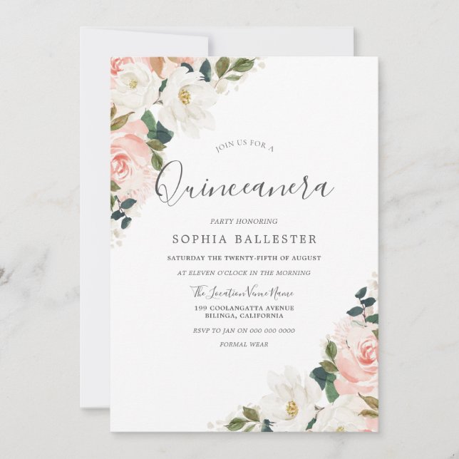 Invitation Elégante aquarelle Flexible Blush Leaf Quinceanera (Devant)