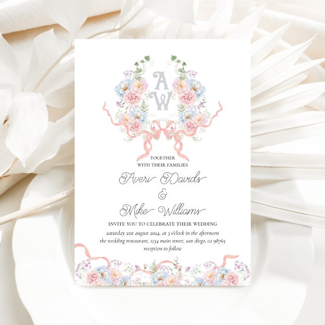 Invitation Elégante aquarelle Floral Crest Monogramme Mariage (Créateur téléchargé)