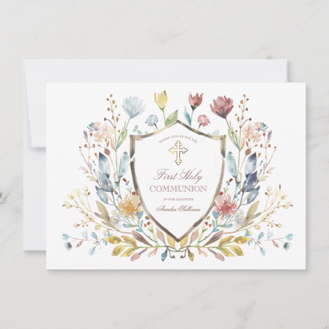 Invitation Elégante aquarelle Floral Crest Première communion (Devant)