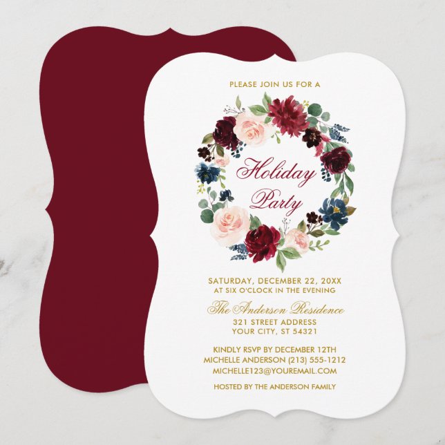 Invitation Elégante aquarelle Floral Holiday Party Bracket R (Devant / Derrière)