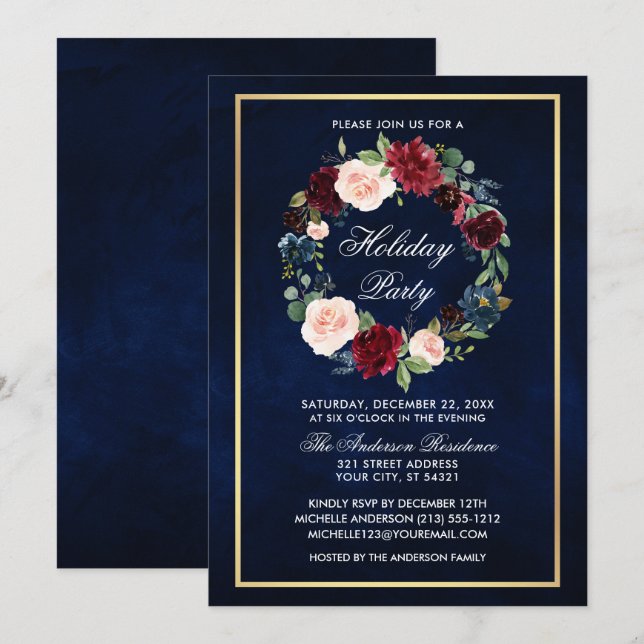 Invitation Elégante aquarelle Floral Holiday Party Gold (Devant / Derrière)