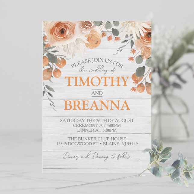 Invitation Elégante aquarelle Floral & Mariage bois (Watercolor flowers & foliage in neutral and earthy colors on top of a grey wood wedding invitation)