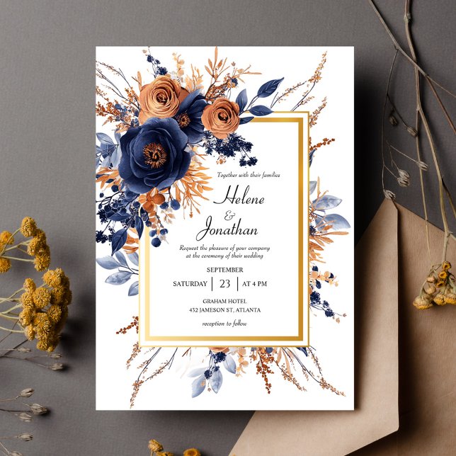 Invitation Elégante aquarelle Floral Navy Blue Rust Mariage (Elegant Watercolor Floral Navy Blue Rust Wedding Invitation)