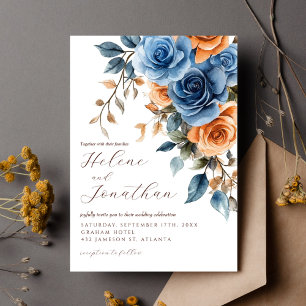 Invitation Elégante aquarelle Floral Navy Blue Rust Mariage