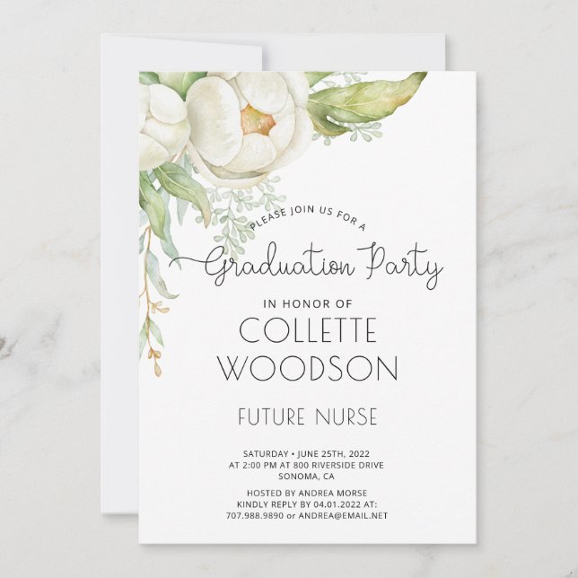Invitation Élégante aquarelle Floral Nurse Graduate (Devant)