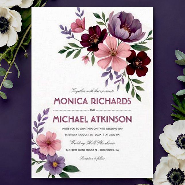Invitation Elégante aquarelle Floral Plum Bourgogne Mariage (Créateur téléchargé)