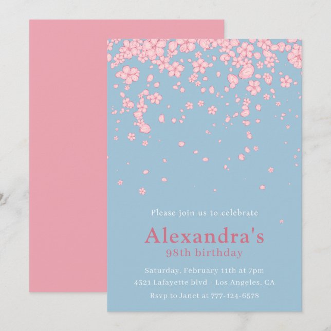 Invitation Elégante aquarelle Floral Rose Bleu 98e anniversai (Devant / Derrière)