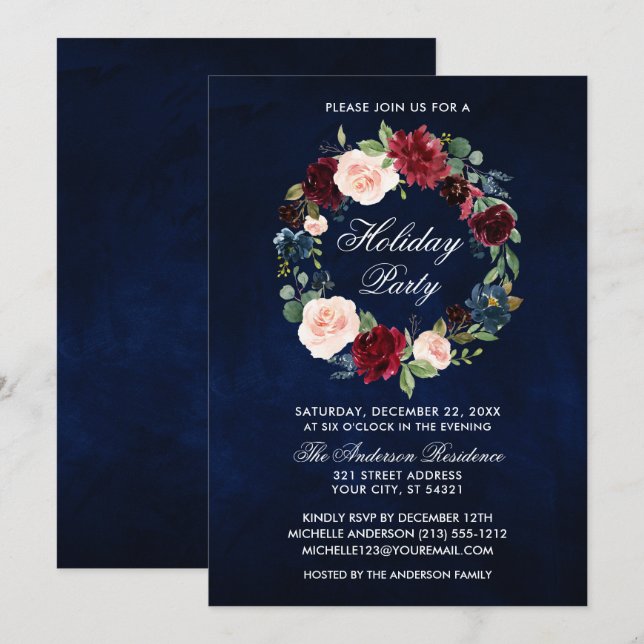 Invitation Elégante aquarelle Floral Wreath Fête (Devant / Derrière)