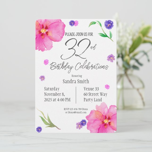 Invitation Elégante aquarelle florale 32e anniversaire Invita (Debout devant)