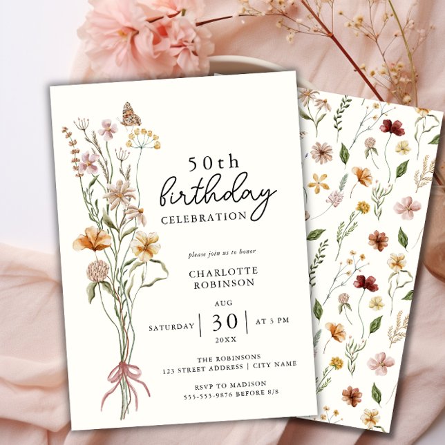Invitation Elégante aquarelle florale 50e anniversaire (Elegant 50th Floral Birthday Invitation- Front and Back)