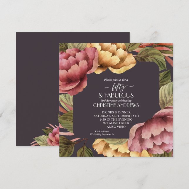 Invitation Elégante aquarelle Florale 50e fête d'anniversaire (Devant / Derrière)